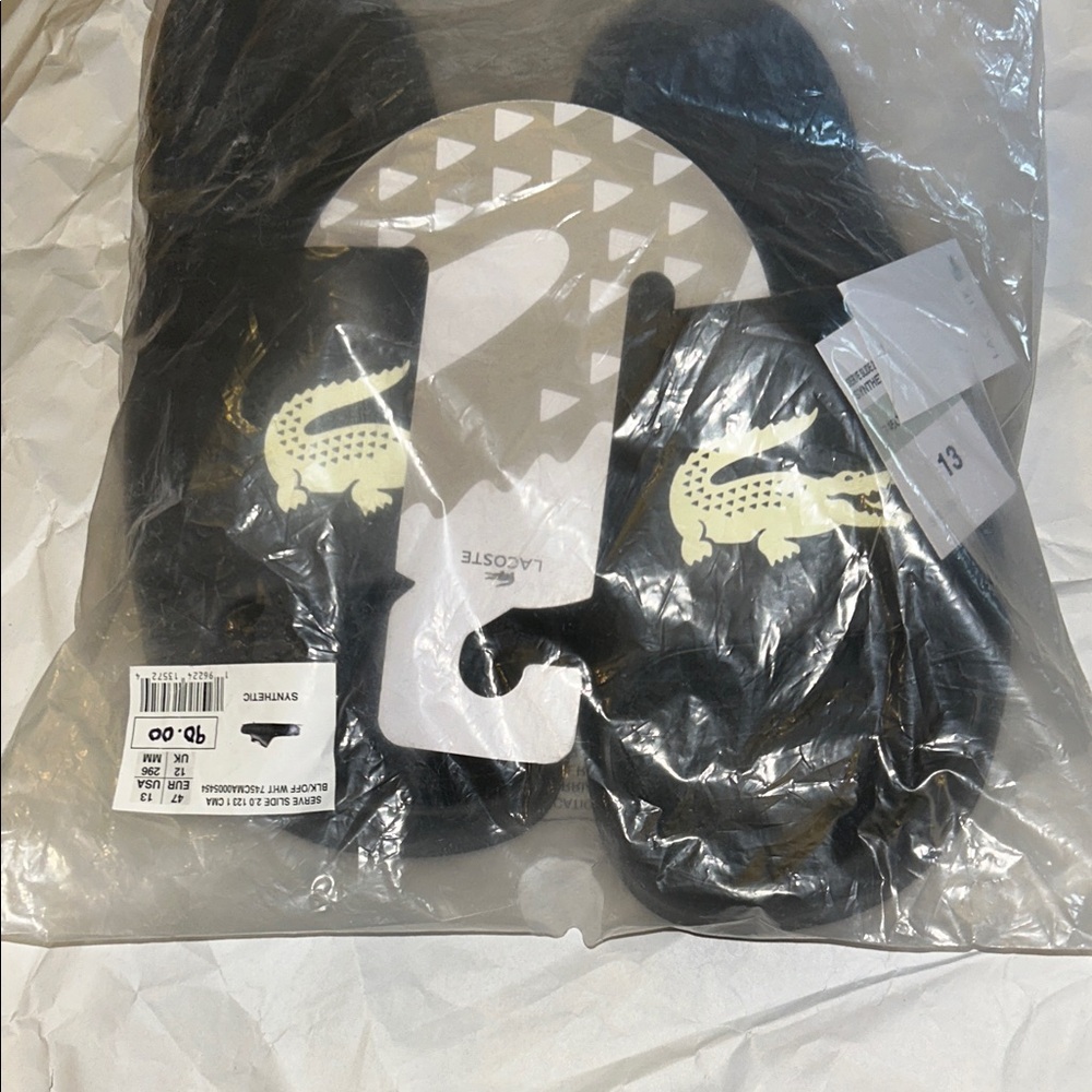 13 Size Lacoste Black Slippers with White Crocodile